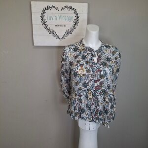 Time and Tru Womens Floral‎ Print Peplum Blouse Long Sleeve Tie Neck Size S